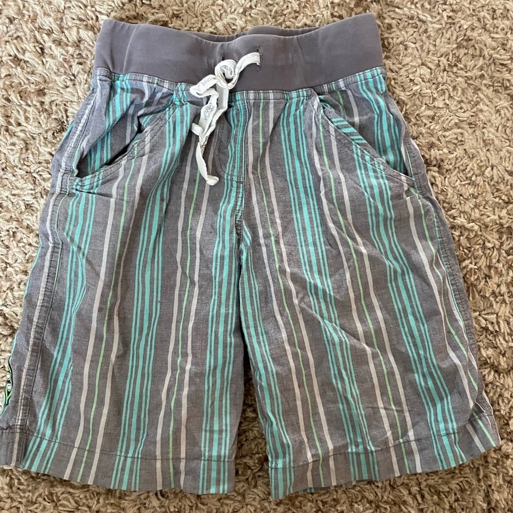 Gray and Green Elastic Waist Shorts with Stripes